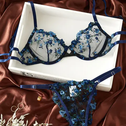 Women's 2-Piece Navy Blue Floral Print Underwear Set - High-End Fantasy Transparent 3/4 Coverage Wireless V-Neck Lace Bra, Polyester Blend Thong Panties, Sexy Lingerie Set for Ladies (Chinese New Year Gift)