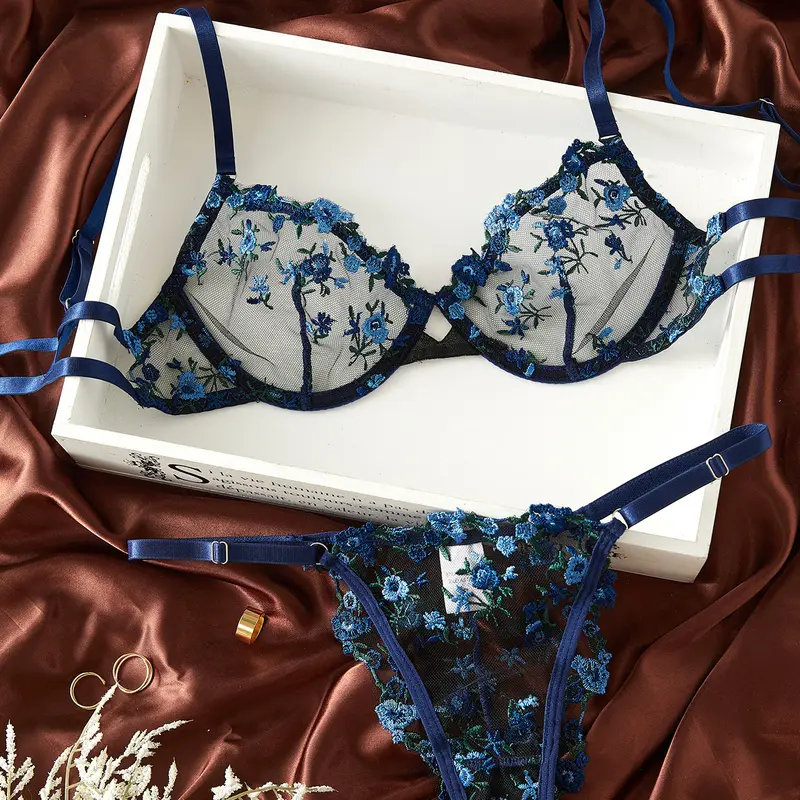 Women's 2-Piece Navy Blue Floral Print Underwear Set - High-End Fantasy Transparent 3/4 Coverage Wireless V-Neck Lace Bra, Polyester Blend Thong Panties, Sexy Lingerie Set for Ladies (Chinese New Year Gift)