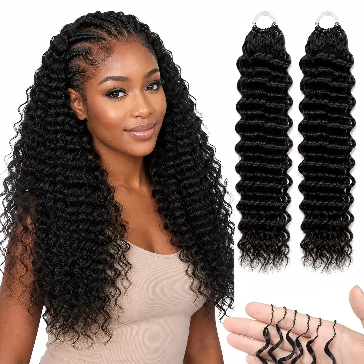 Datanala Miracle Invisible Knots Feather Crochet Human Hair 18 Inch 60g Pre-Looped for Deep Wave Invisible Seamless Knotless Soft Crochet Hair for Black Women