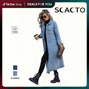 Scacto Women's Collared Button-Front Polyester Denim Outerwear - Elegant, Stylish Longsleeves Coat for Spring, Fall Outfits, Everyday Style & Elegance Womenswear
