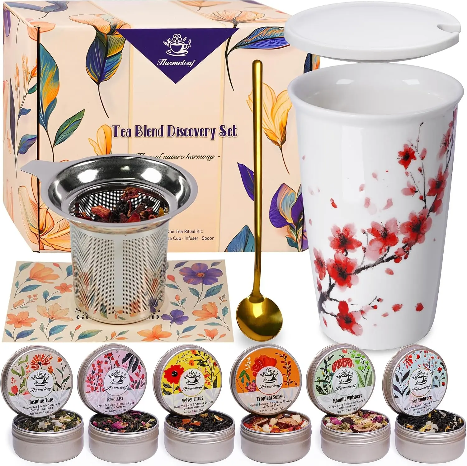 Tea Gift Set for Women - 6 Herbal Loose Leaf Tea Blends, Insulated Ceramic Cup with Infuser & Lid | Birthday, Mother's Day, Anniversary & Retirement Gift for Her