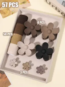 57pcs Morandi Brown Flower Hair Accessory Gift Box, comes with multiple sizes of flower clips, gradient hair ties, Elastics. It features a low-saturation color scheme, making it suitable for daily commuting