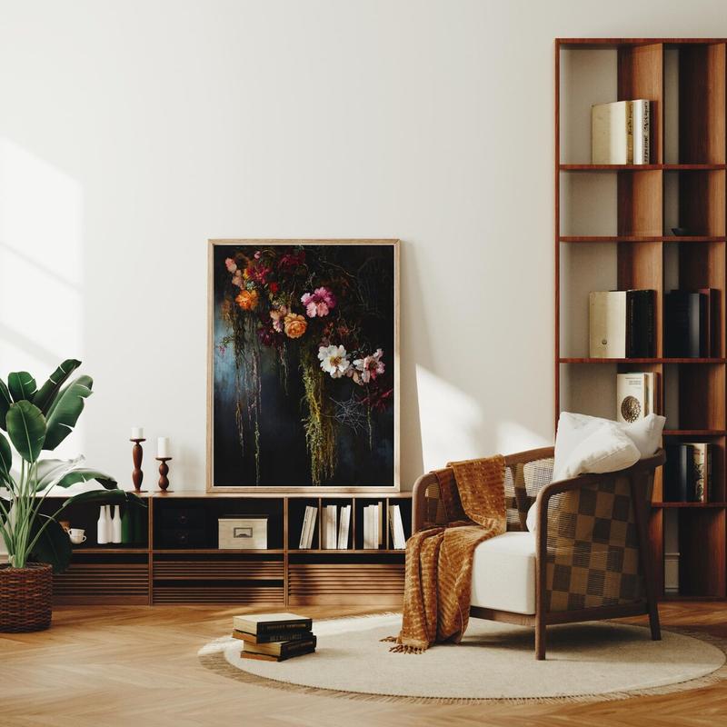 Moss Wall Art, Cottagecore Witchy Boho Botanical Print, Whimsigoth Cobweb Victorian Flower Poster, Dark Floral – 5 Size, 8x12 to 27x40 inch, Room Decor, Unframed