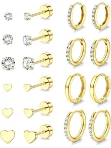 Stylish 10 Pairs Golden Shining Ear Studs Hoops Fashionable Hypoallergenic Copper Stainless Steel Stud Hoop Earrings for Women Men Cartilage Hoops Earring Stacks Small Flat Back Stud Earring Set for Multiple Piercings Hoop Jewelry Hoop Earring Sets