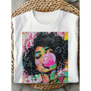 Women'S African American Retro Urban Art T-Shirt - Bold Graphic Tee With Curly Hair & Bubble Gum Design - Soft Everyday Casual Shirt - Cultural Apparel Gift For Women - Non-See-Through Fabric, Streetwear Fashion, Vibrant Print, Comfortable Fit