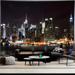 Night Cityscape Tapestry Wall Hanging - 100% Polyester Fade-Resistant Lightweight Machine Washable Hand-Sewn Horizontal Modern Skyscraper & Water Reflection Design for Living Room, Dorm, Apartment Decor, Modern Decor, Home Decoration, Conte