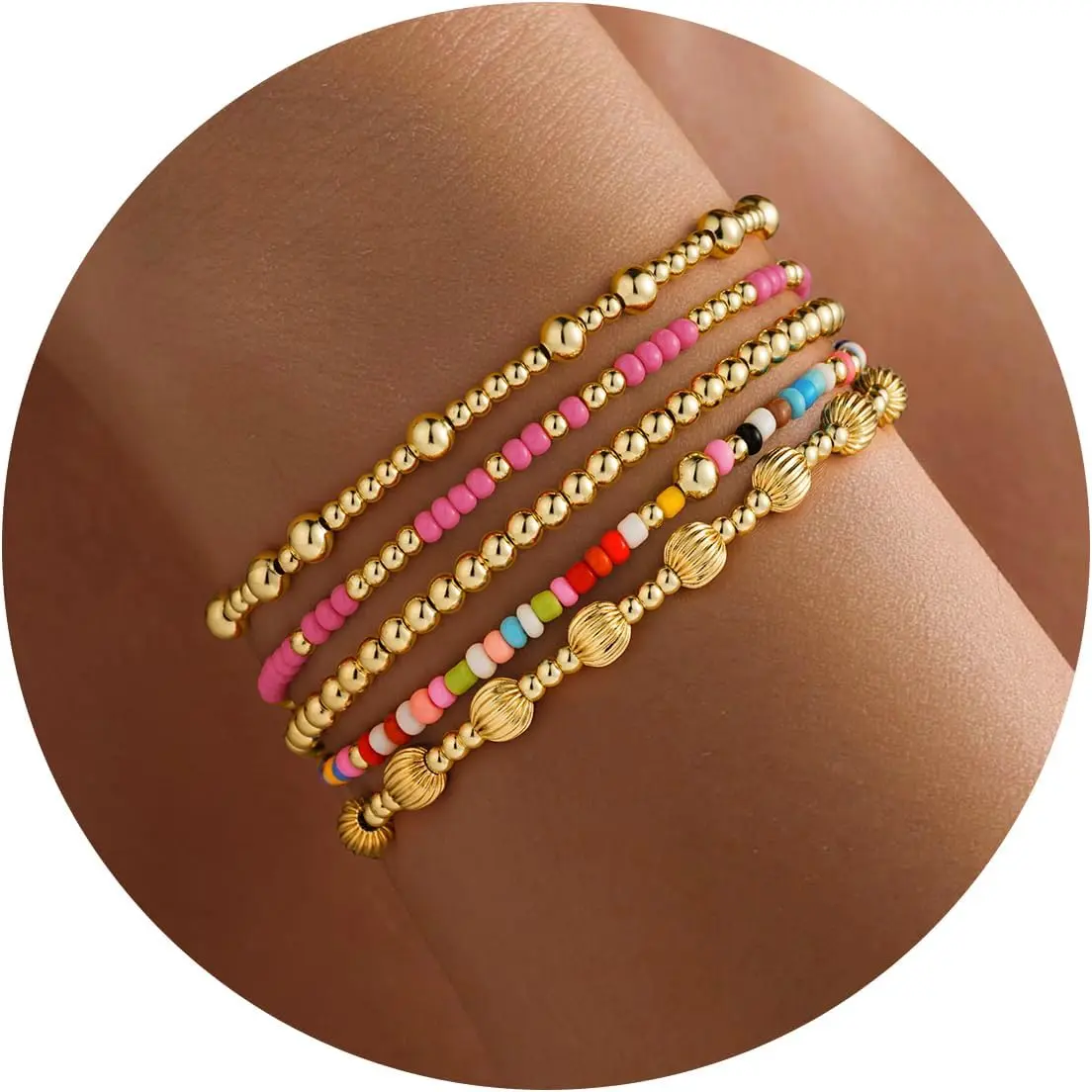 Turandoss Gold Beaded Bracelets for Women Teen Girls -14K Gold Plated Stackable Colorful Round Beaded Bracelet Turquoise Cross Bead Bracelet Pearl Bracelets Set for Women Teenage Girls