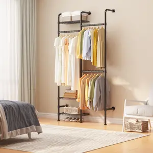 Garvee Upgraded Wall Mounted Pipe Closet System，heavy duty carbon steel clothes rack with expandable rods and 3 wire shelves，matte black storage organizer for commercial food service & closet use