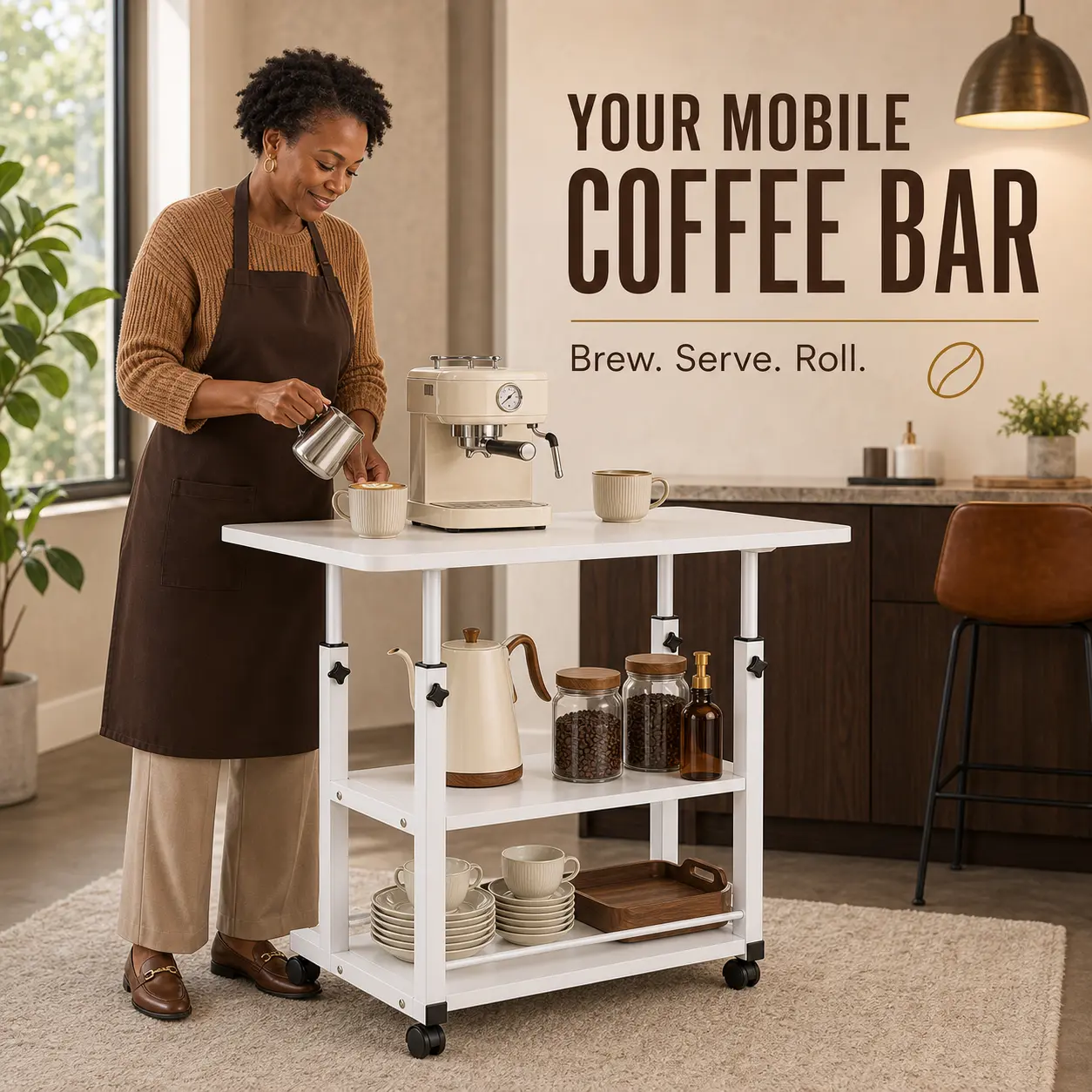 3-Tier Rolling Coffee Bar Cart With Spacious Worktop, Height-Adjustable Storage Station With Lockable Wheels For Kitchen, Dining Room & Home Coffee