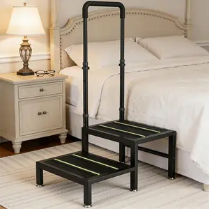 2 Step Stool with Handle, Heavy Duty Step Stool for  and Adults, Adjustable Handrail with Non-Slip Platform, Bedside Steps for High Beds, Kitchen and Bathroom