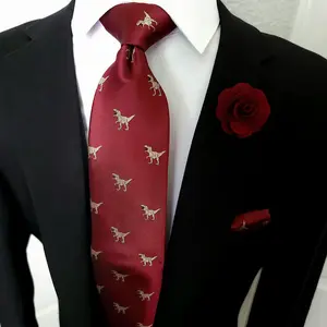 Burgundy Dinosaur Silk Tie Pocket Square Cufflinks Set
