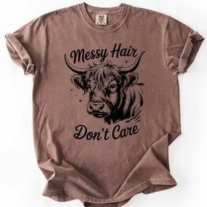 Messy Hair Highland Cow Graphic Tee: Funny Farm Animal Shirt
