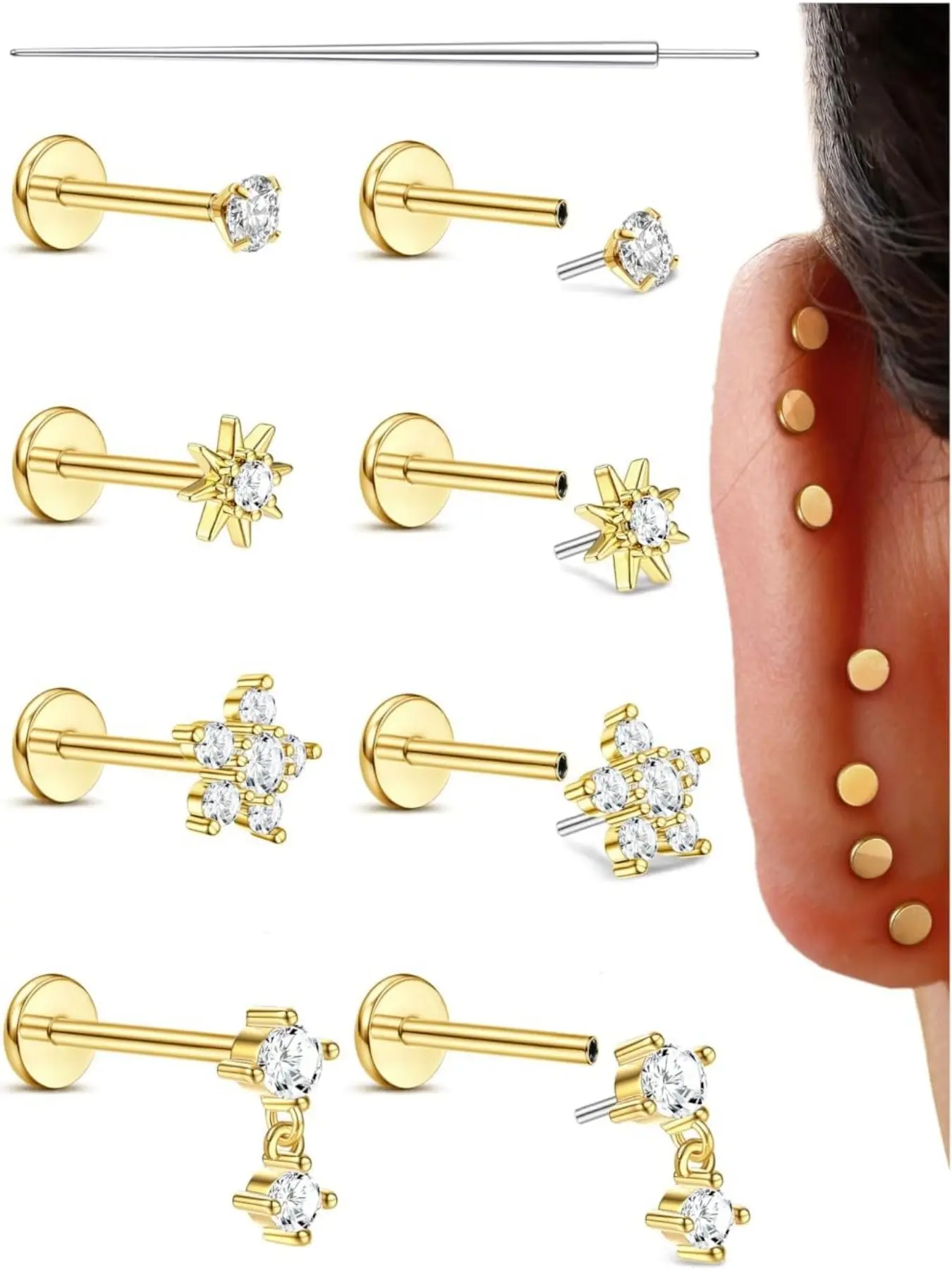 Threadless Flat Back Earrings Studs 316L Steel Push in Nose Studs Rings CZ Tragus Cartilage Helix Conch Labret Lip Nostril Medusa Piercing Jewelry Hypoallergenic Cubic Zirconia 20G 18G 16G