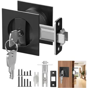 Door Hardware - Sliding Pocket Door Lock with Key, Flush Latch for Bedroom and Bathroom, Matte Black, 2-3/8" Backset