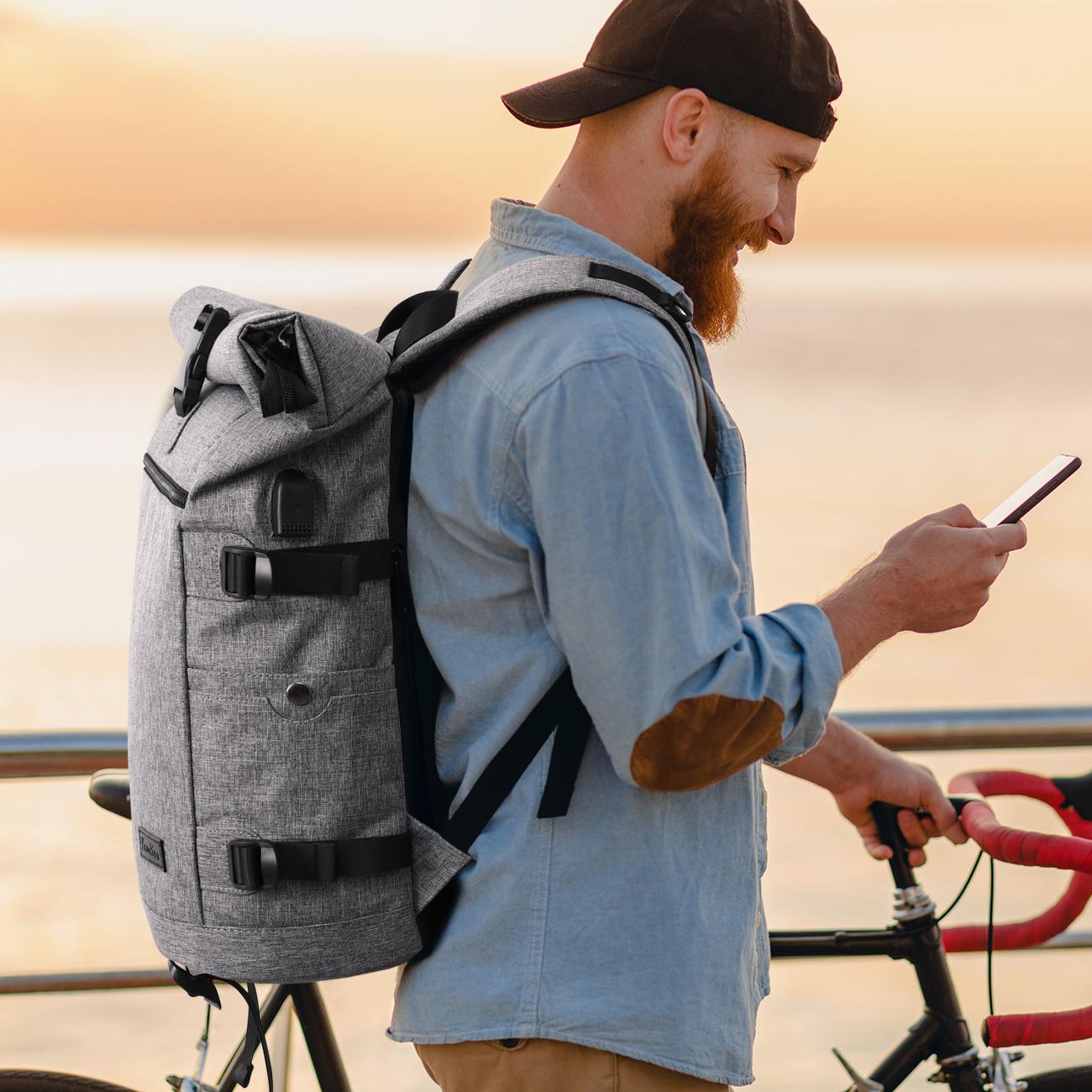 YAMTION Expandable Roll Top Backpack Roll Top Waterproof Laptop Backpack with USB Port | Expandable 18-26L Travel Rucksack for 17 Inch Laptop