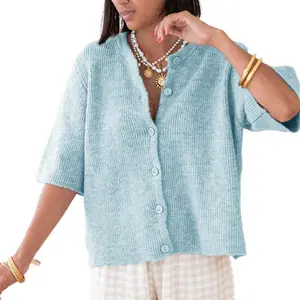 Women's Autumn Knitwear Cardigan Half Sleeve Round Neck Solid Color Button Up Lady Knitwear Clothes