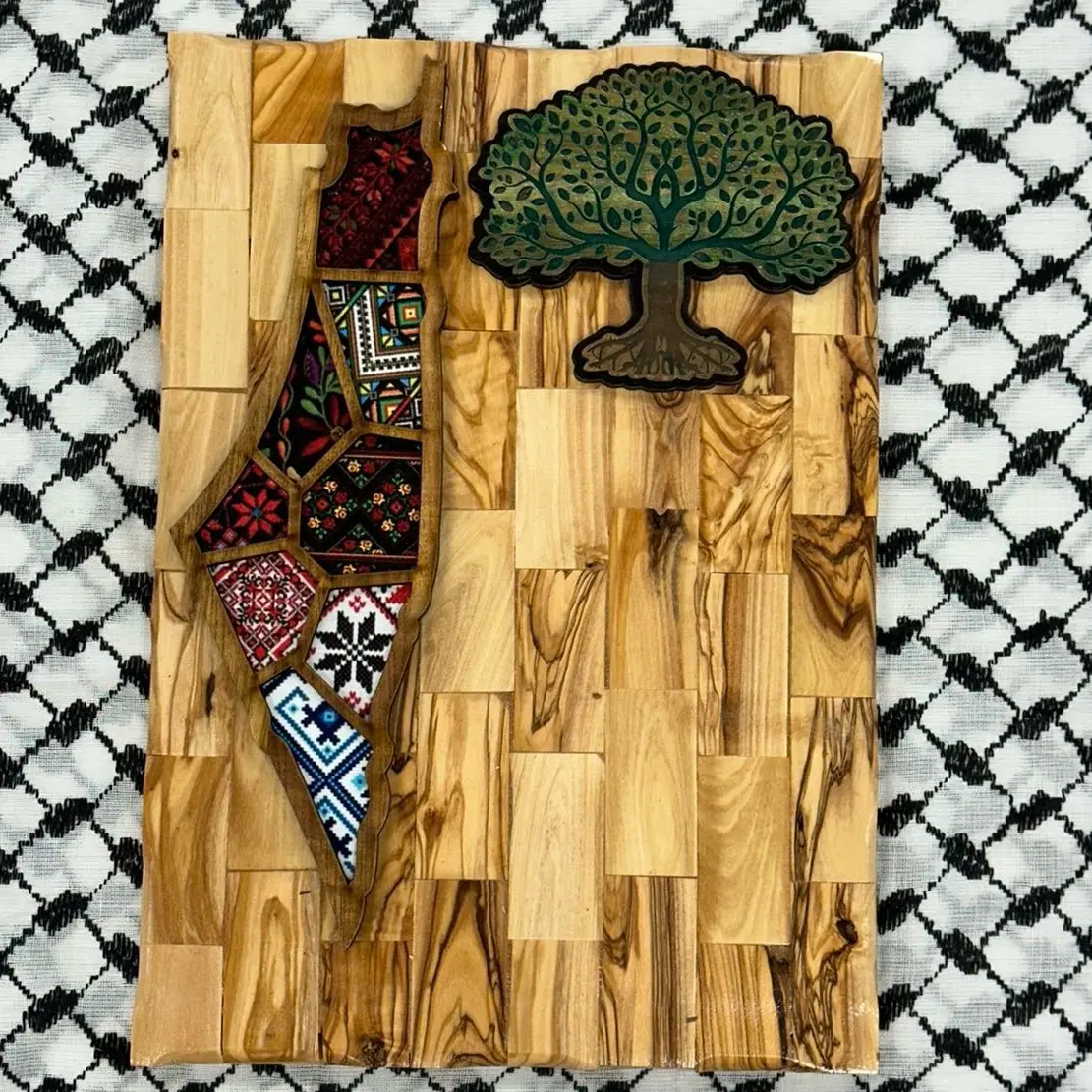 Handmade Wooden Frame Tatreez clear coated Picture with Olive Tree pendant- from Ramallah, Palestine Hanging Decor Decoration Ornaments