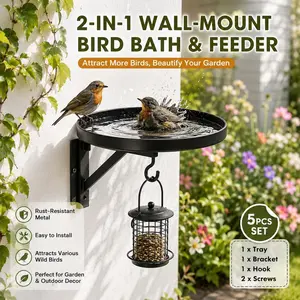 5pcs/Set (1 Tray + 1 Bracket + 1 Hook + 2 Screws) Rust-Proof Metal Wall-Mounted Bird Bath Feeder Two-In-One Outdoor Plaque Wall Decoration, Easy to Install to Attract a Variety of Wild Birds, Walls Adjacent to Climbing Plants