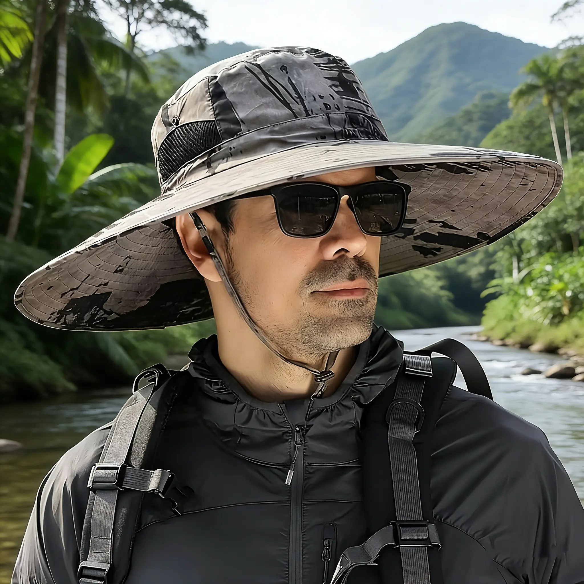 Men's Outdoor Sun Protection Hat, Large Brim Fishing Cap, Hiking Fisherman Hat, Adult UV-Resistant Shade Headwear, Sunscreen Hat, Polyester Outdoor Headwear, Outdoor Hats