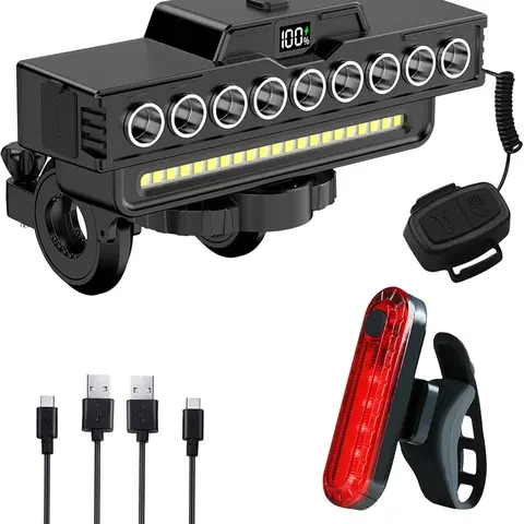 XiLiHaLa Smart Bicycle Headlight Set - 9LED USB Rechargeable 130dB Warning Horn with Digital Display, High Lumen 7-Mode Night Riding Light, Adjustable Handlebar Lights, Reflectors, Tool-Free Mount, Universal Fit E-Bike Accessories