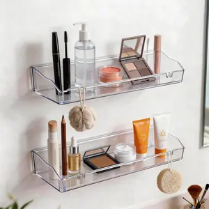 Clear acrylic floating wall shelves, no drill easy install wall-mounted organizer, space-saving transparent storage shelf for bathroom, shower, kitchen, living room home aesthetic decor