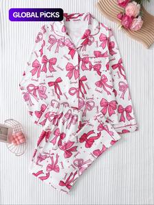 two-piece set women's christmas print button front pocket shirt & elastic waist pants pyjama, casual comfy long sleeve collared top & trousers pyjama set, women's sleepwear for spring & fall