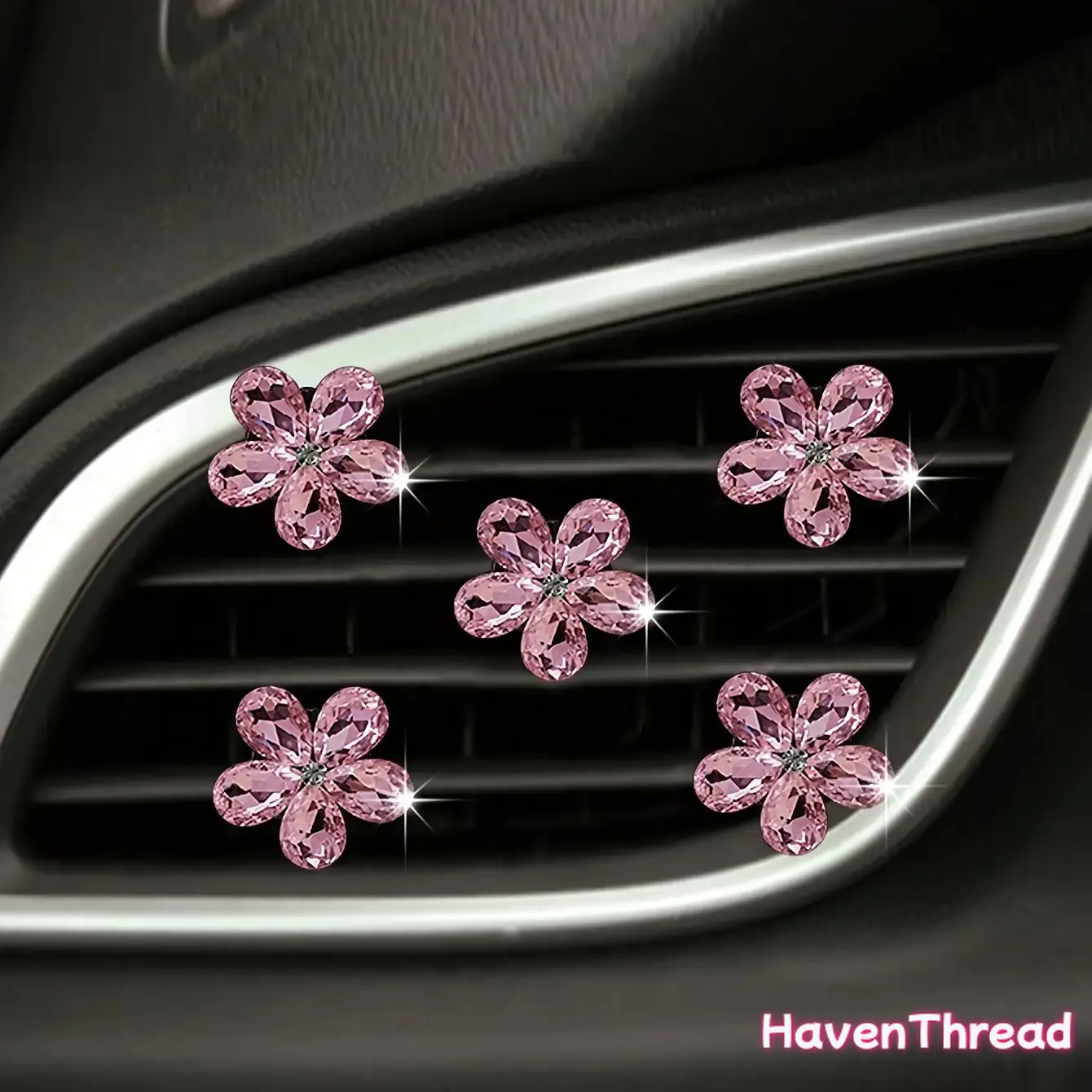 Set of 5 Artificial Crystal Five-Petal Flower Car Air Freshener Clips, Sparkling Interior Decoration for Cars, Air Conditioning Decorative Items, Fragrance-Free, Without Battery, Accessories For Car Hanging Car Diffuser