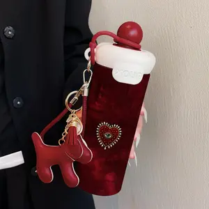 600ML Insulated Cup Tumbler with Lanyard, Velvet Heart Pattern Coffee Mug, Stainless Steel 316, Suitable for Outdoor Sports, Travel, Home Use