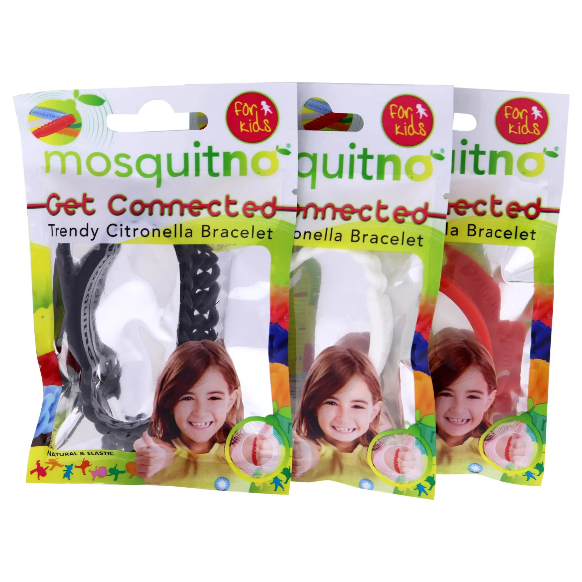 Mosquitno Get Connected Trendy Citronella Bracelet Set for Kids - 3-Piece Colorful Bands, Red, White, Black, Wear Daily