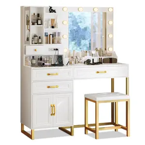 Sikaic Glass Top Makeup Vanity Set with Bench White & Gold