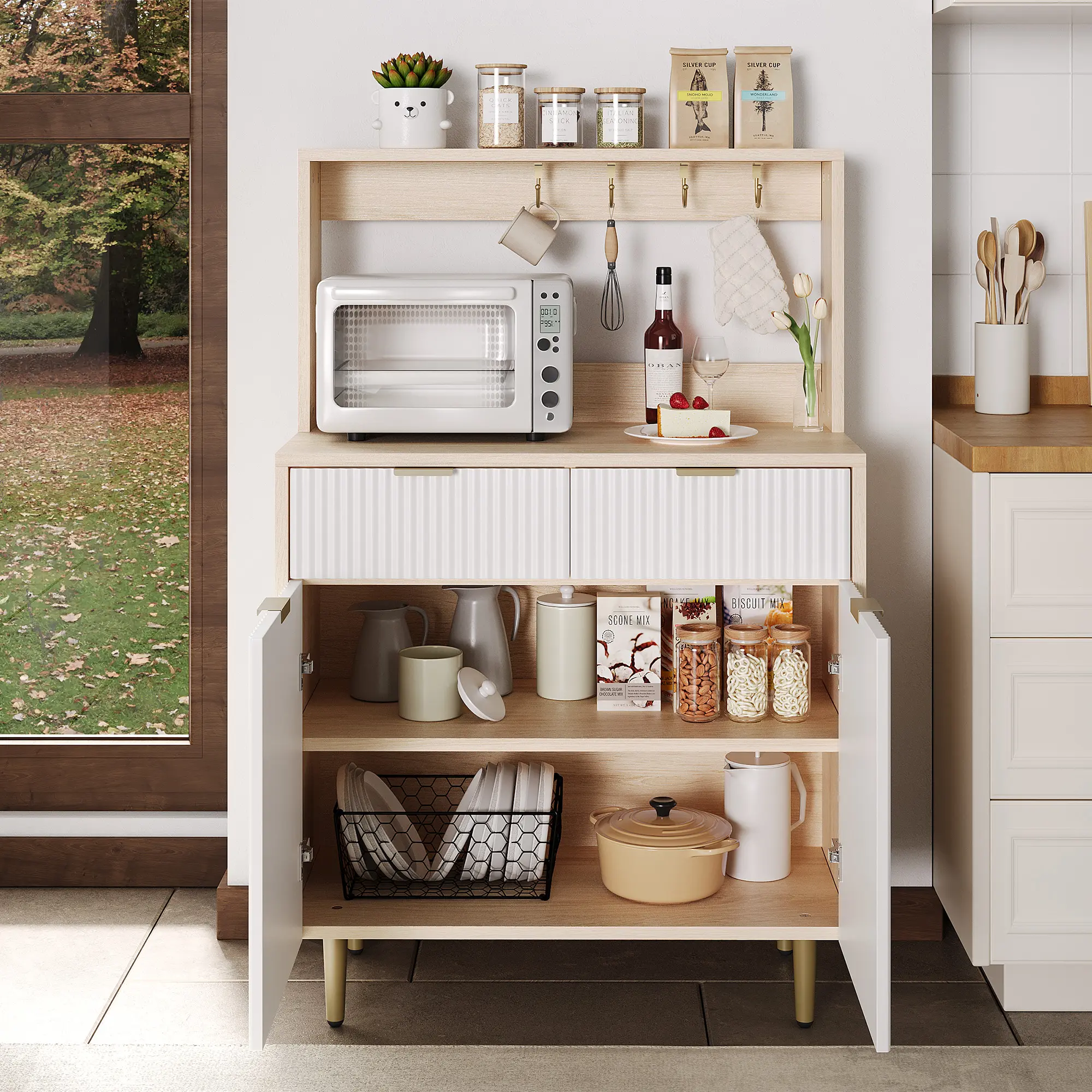Sturdy Modern Fluted Wood Sideboard Cabinet - 2 Drawers, Adjustable Shelves, Built-in Storage Compartments, Multifunctional Buffet Console Table for Dining Room, Kitchen - Display Storage Dining Room Furniture