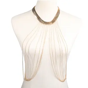 Gold Multi-Layer Tassel Body Chain for Women, 14K Gold Plated Dainty Chest Chain Necklace, Sexy Shoulder Body Jewelry for Party Club