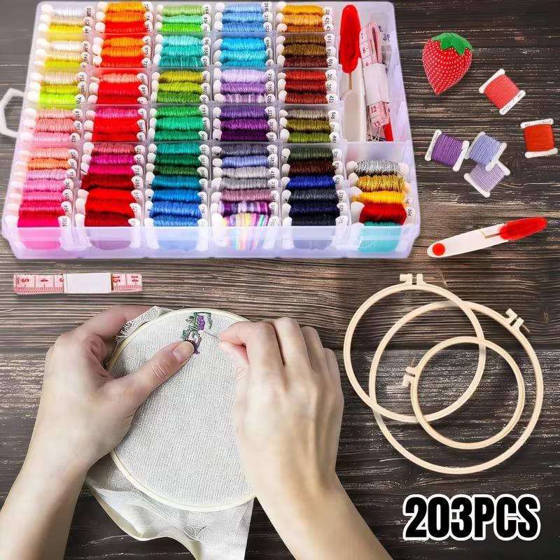 203pcs Rainbow Colored Embroidery Floss Sewing Thread Kit, Embroidery Thread with Storage Box, Include Cross Stitch Tools & 3 Embroidery Hoop, 100 Color Sewing Threads for Cross-Stitching And Embroidery, DIY Crafts, Ideal for Sewing Projects