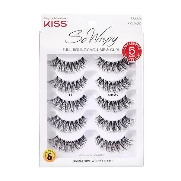 KISS So Wispy False Eyelashes Multipack #11, Full Bouncy Volume & Curl, Signature Wispy Effect, Quality Synthetic, Crisscross Pattern, Cruelty Free, Reusable and contact lens friendly, 5 Pairs 5 Pair (Pack of 1) Maximum Volume - Multi Pack Lash Extensions