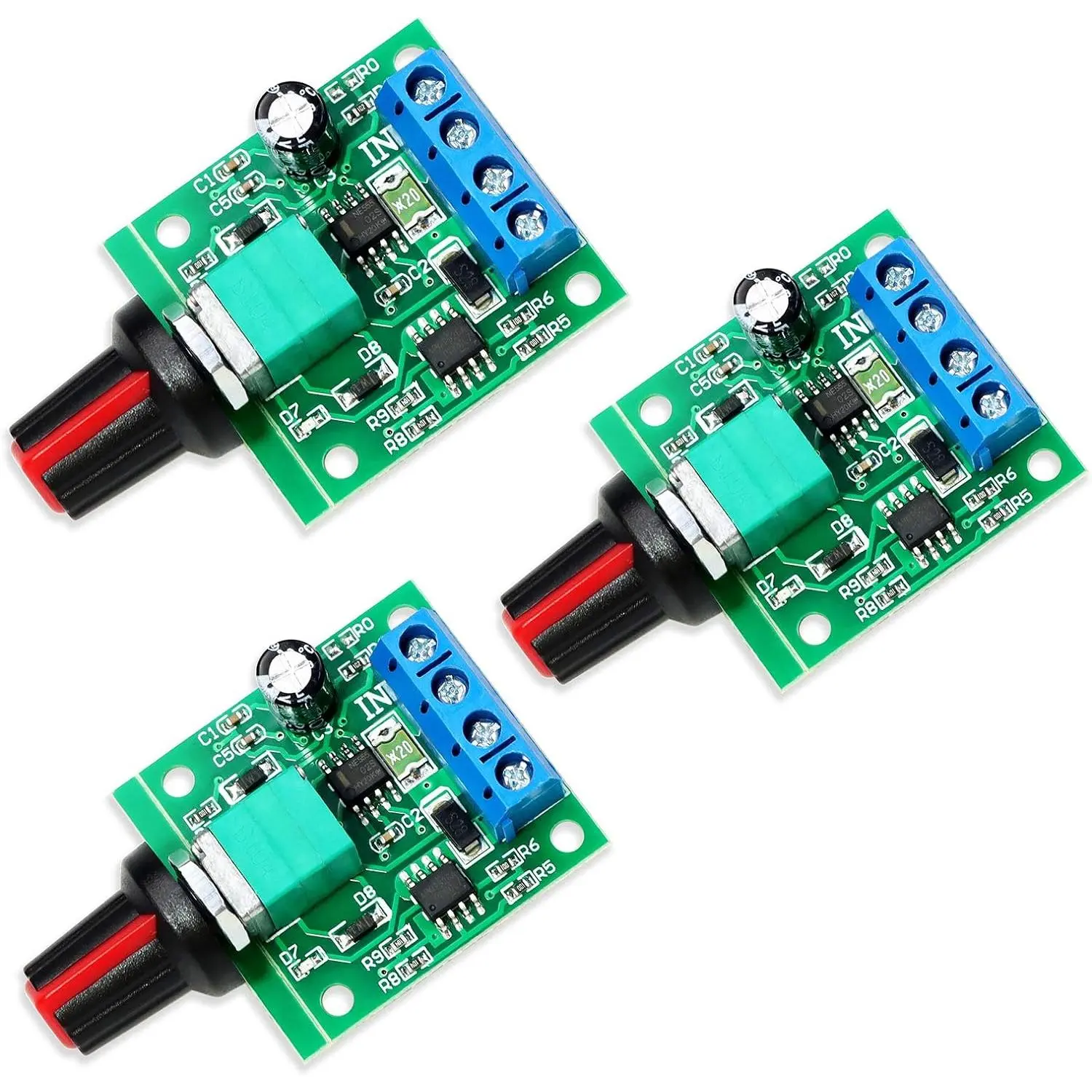 3-Pack PWM Low Voltage DC Motor Speed Controllers (1.8V-15VDC, 2A), Compact 1803BK/1803B Drivers with 3 Speed Control Knobs, 2A Resettable Fuse, 0%-100% Duty Cycle, 30W Max Continuous Output, 32x32x14mm for Home Improvement Smart Home Controls