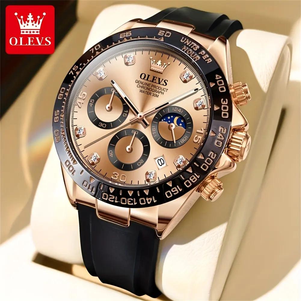 100% authentic original brand OLEVS luxury men's quartz watch, silicone strap, luminescent waterproof top-tier brand men's watch, moon phase chronograph, sports watch, youth watch, preferred choice for holiday and birthday gifts