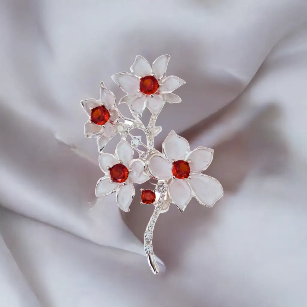 Exquisite Red White Blossom Rhinestone Brooch Pin