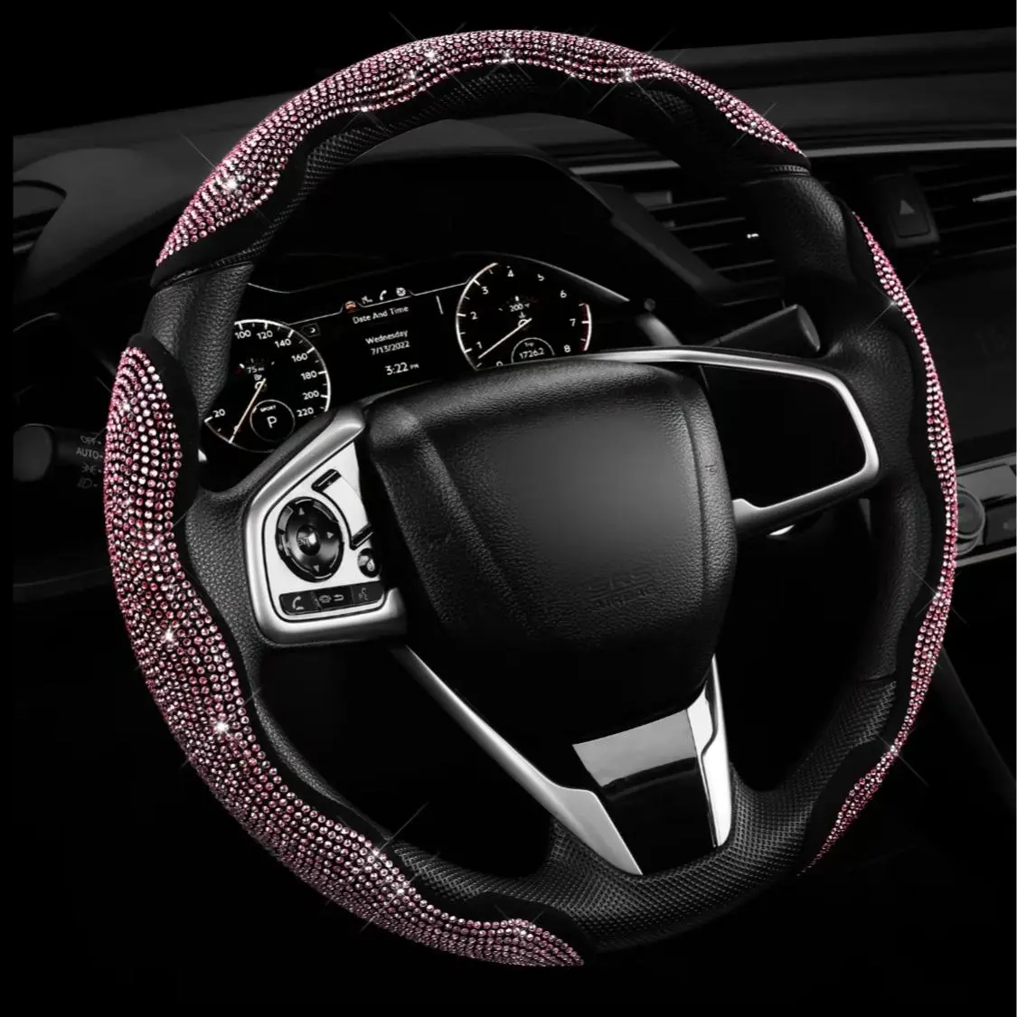 Bling Rhinestone Steering Wheel Cover, Perforated Breathable Leather Anti-Slip Auto Steering Protector, Fashion Sparkly Car Interior Decor Accessory for Women soft upgrade premium quality protective design modern driver wrap non-slip grip season use girl