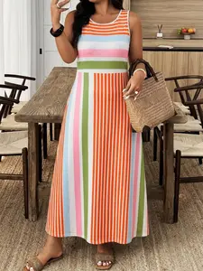 Plus Size Women Rainbow Striped Sleeveless Long Dress, Summer Fitted Casual Dress for Curvy Women, Stylish and Comfortable
