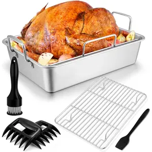 Roasting Pan with Rack for Turkey Chicken (7 Pcs), Stainless Steel Roaster Pan Set, Deep Rectangular Lasagna Bakeware & Cooling Flat Rack/V-rack, Heavy Duty & Dishwasher Safe (Large)