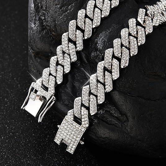 Cuban Link Chain For Men - Iced Out Diamond Necklace | Silver Plated Hip Hop Chains