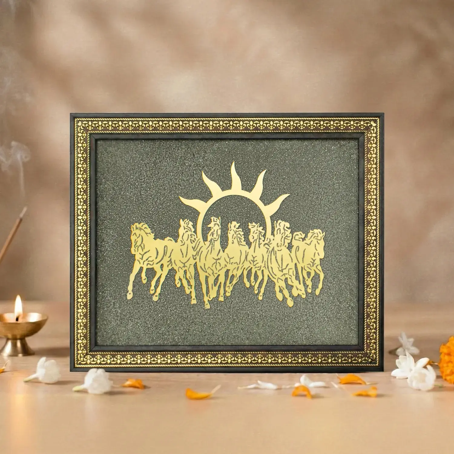 Astrotalk 7-Horse Traditional Feng Shui Ornaments, Raw Pyrite Frame Limited Edition Large Wall Decor, Running Horses Statement Piece, Vastu Office Decor for Career Growth, Housewarming Gift