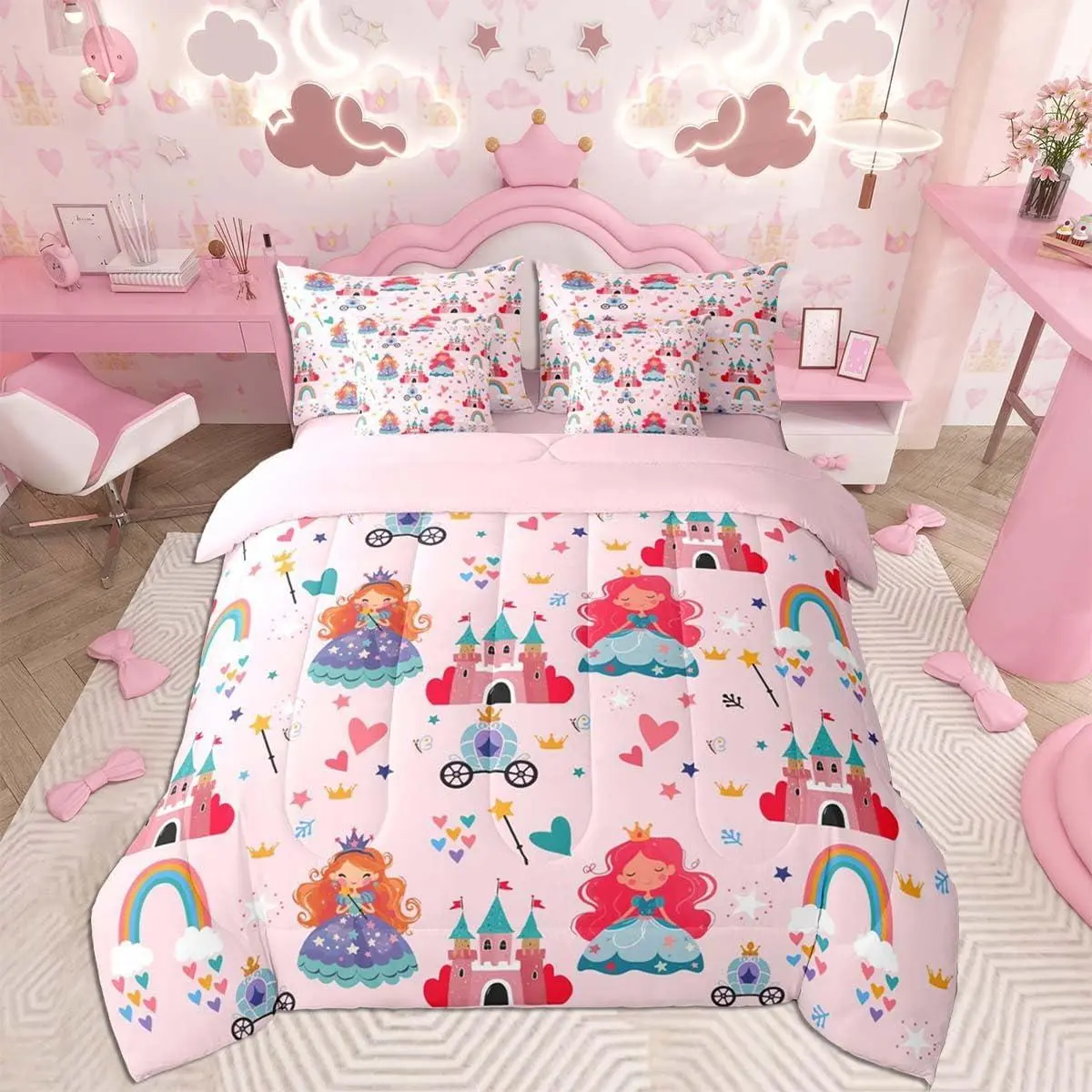 Princess Comforter Set with Sheets for Kids Boys Girls Pink Castle 7 Pieces Bedding Set Fairy Dreamy Bed in a Bag Rainbow Room Decor Heart Love Pink Soft Lightweight Microfiber
