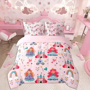 Princess Comforter Set with Sheets for Kids Boys Girls Pink Castle 7 Pieces Bedding Set Fairy Dreamy Bed in a Bag Rainbow Room Decor Heart Love Pink Soft Lightweight Microfiber