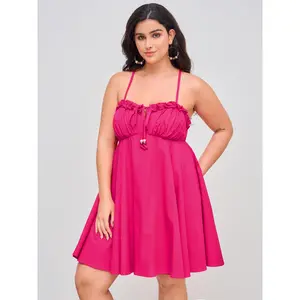 Cider [size 0-24] Halter Neckline Solid Lettuce Trim Beaded Knotted Mini Dress Curve & Plus