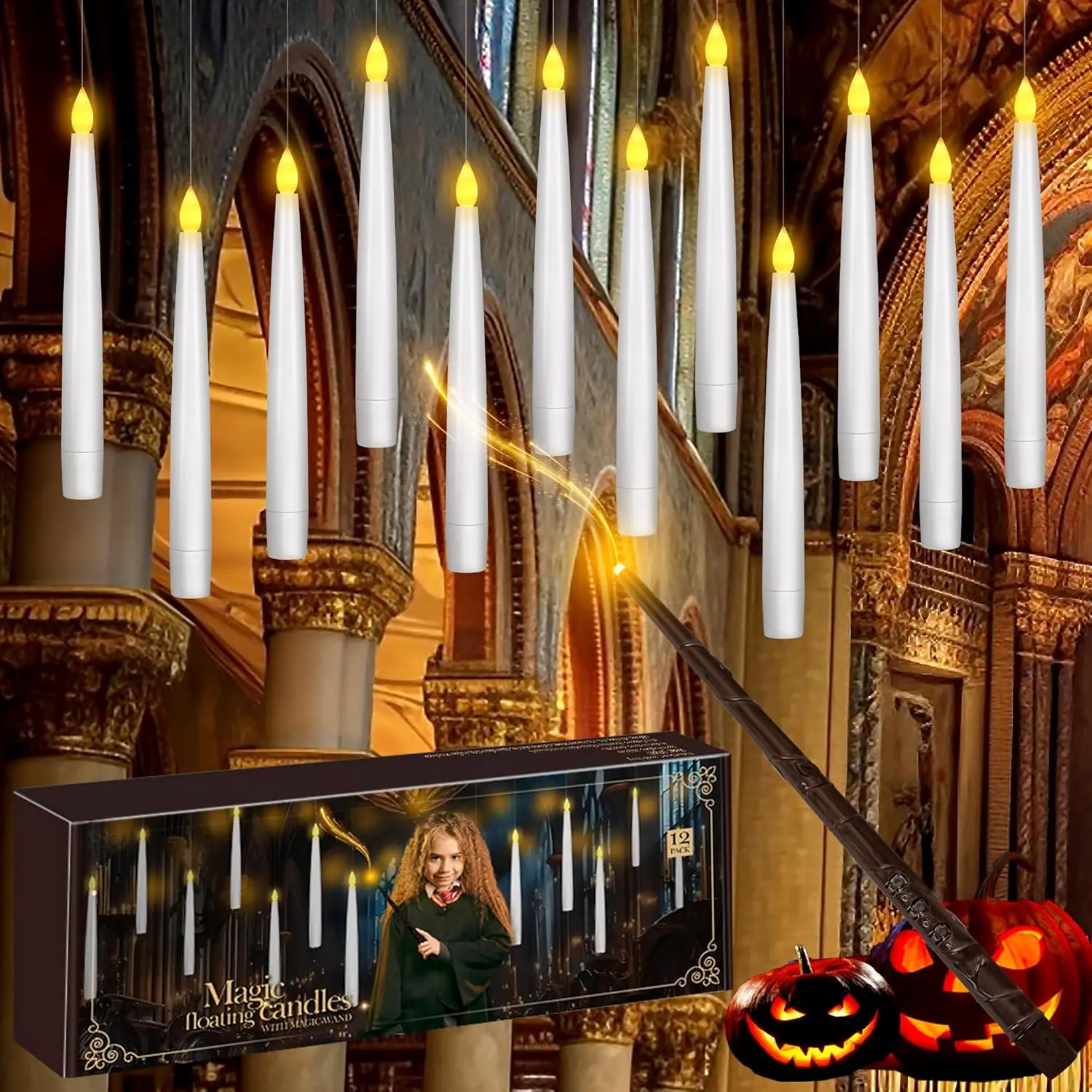 Halloween Decor Floating Candles With Wand, 20 count Magic Hanging Candles With Remote, 6.3IN Flameless Taper Led Candle  Operated Floating Window Candle, Decor for Christmas, Wedding, Halloween