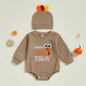 Infant Baby Boy Thanksgiving Outfit Letter Turkey Embroidery Long Sleeve Romper Hat 2 Piece Set 0-24 Months
