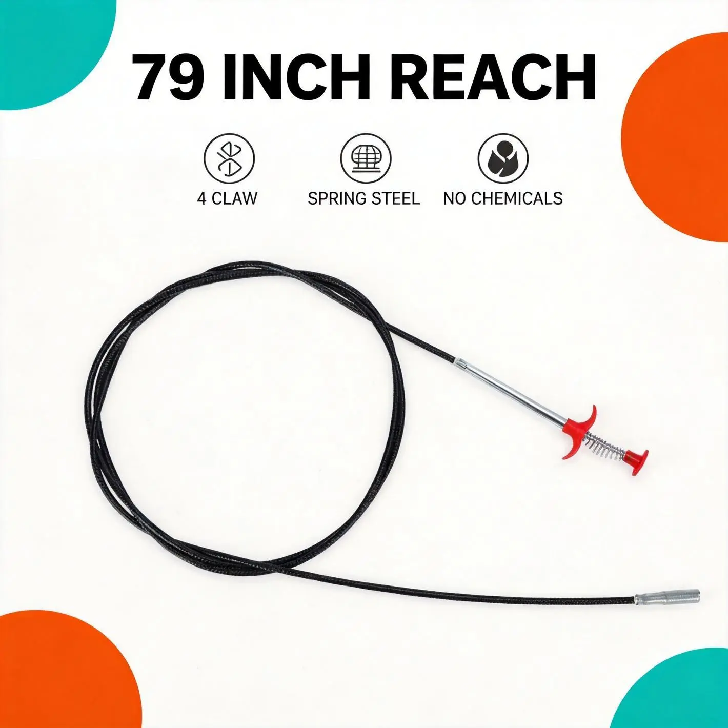 79 Inch Flexible Plumbing Grabber Tool, 4 Prong Spring Steel Drain Unclogger, Multi‑Use for Sink, Shower, Bathtub and Toilet Drains