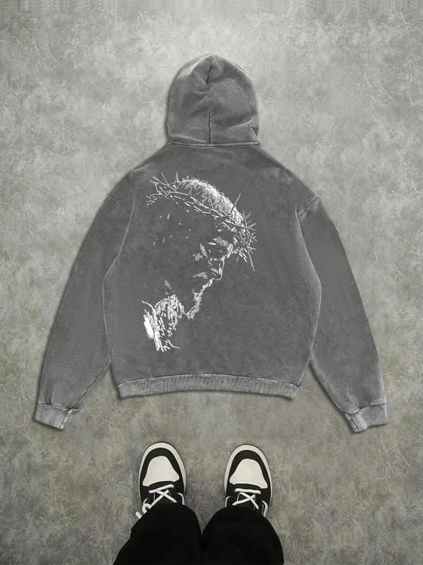 Trendy Casual Hoodie with Jesus Silhouette Print, Vintage Wash Craftsmanship, High-Quality Fabric, Loose Fit, Autumn Wear