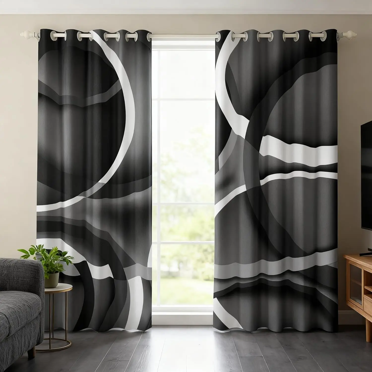 Grey Black Blackout Curtains for Bedroom Panels Set Retro Style Stripes Gray White Swirls Modern Abstract Geometric Window Curtain Insulated Room Darkening Window Drapes for Living Room,back to school,dorm essentials,home decor,home essentials